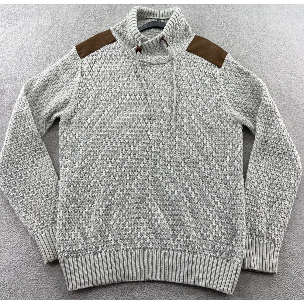 XRAY Sweater Men's Large Cowl Neck Pullover Gray Cable Knit Leather Patches
